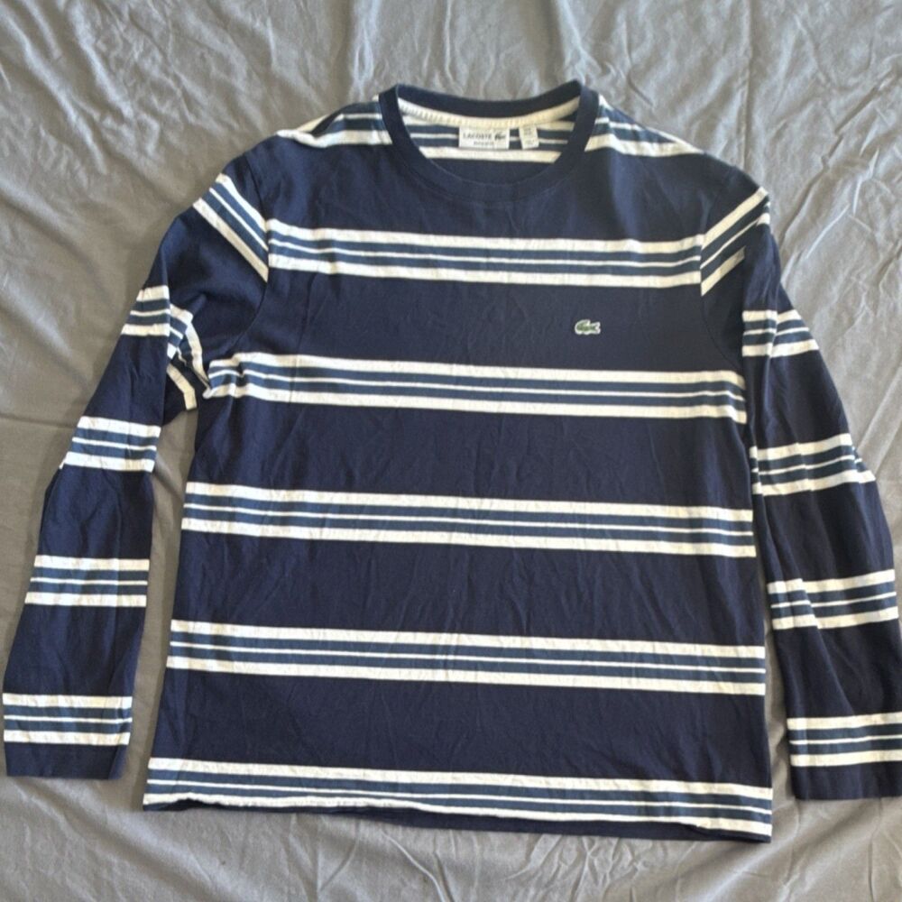 Lacoste Navy White Striped Logo Long Sleeve T-Shirt Men's XL Cotton Crew Neck